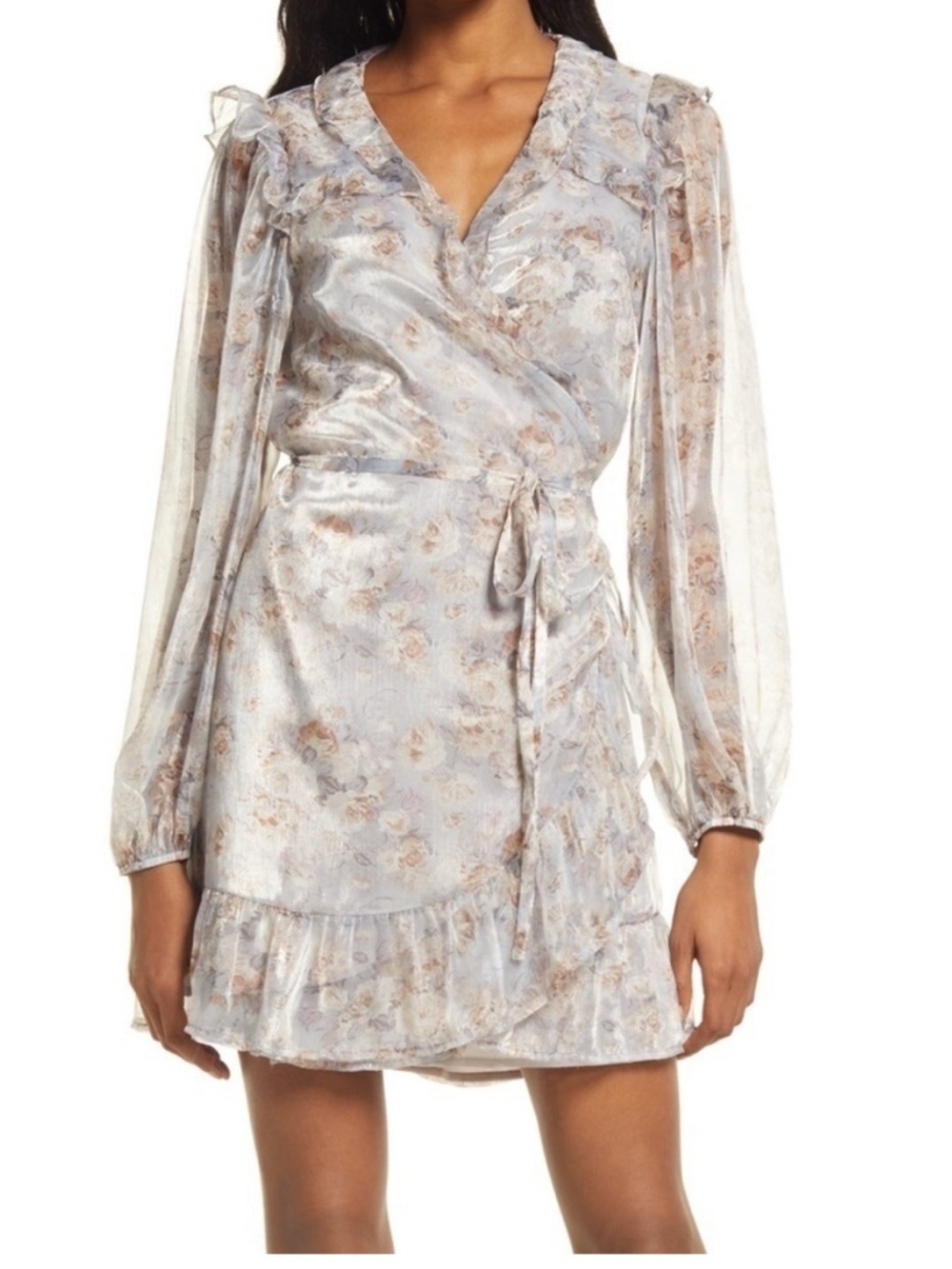 NWT En Saison Floral Long Sleeve True Wrap Ruffle Mini Dress Size Medium